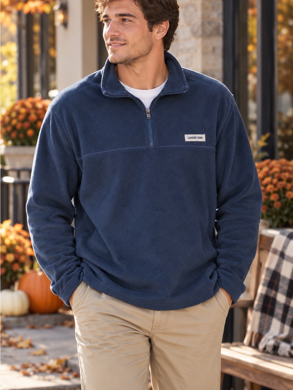 Lands’ End Men’s XXL Navy Blue Quarter Zip Fleece Pullover Outdoor Preppy